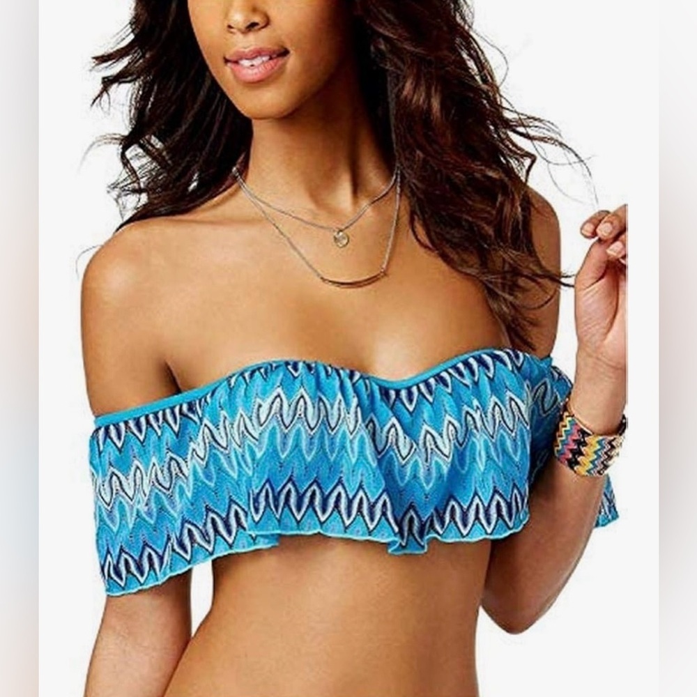 Hula Honey Blue Off Shoulder Bikini Top Ruffle Bandeau Boho Swim NWOT Size L